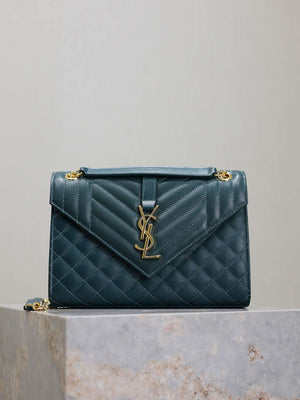 YSL 600185 Envelope Meduim In Quilted Grain De Poudre Embossed Leather Turquoise - Default Title - View 1