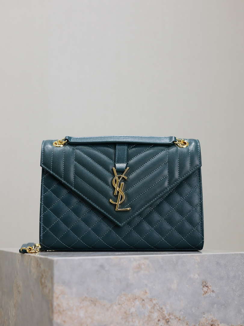 YSL 600185 Envelope Meduim In Quilted Grain De Poudre Embossed Leather Turquoise
