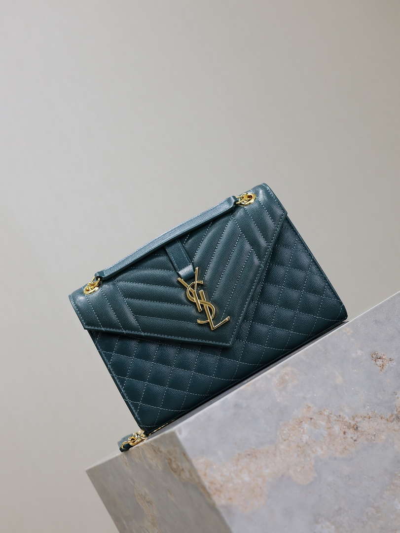 YSL 600185 Envelope Meduim In Quilted Grain De Poudre Embossed Leather Turquoise - Default Title - View 2