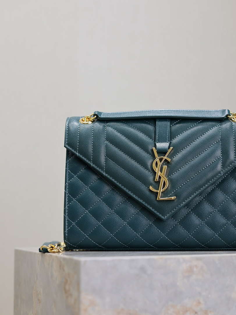 YSL 600185 Envelope Meduim In Quilted Grain De Poudre Embossed Leather Turquoise
