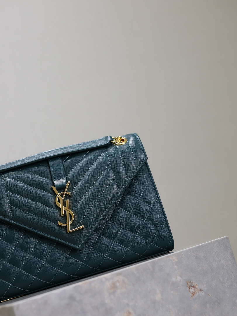 YSL 600185 Envelope Meduim In Quilted Grain De Poudre Embossed Leather Turquoise