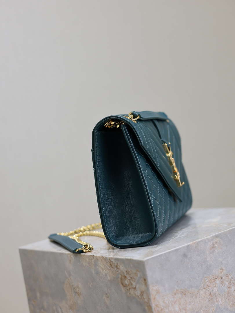 YSL 600185 Envelope Meduim In Quilted Grain De Poudre Embossed Leather Turquoise