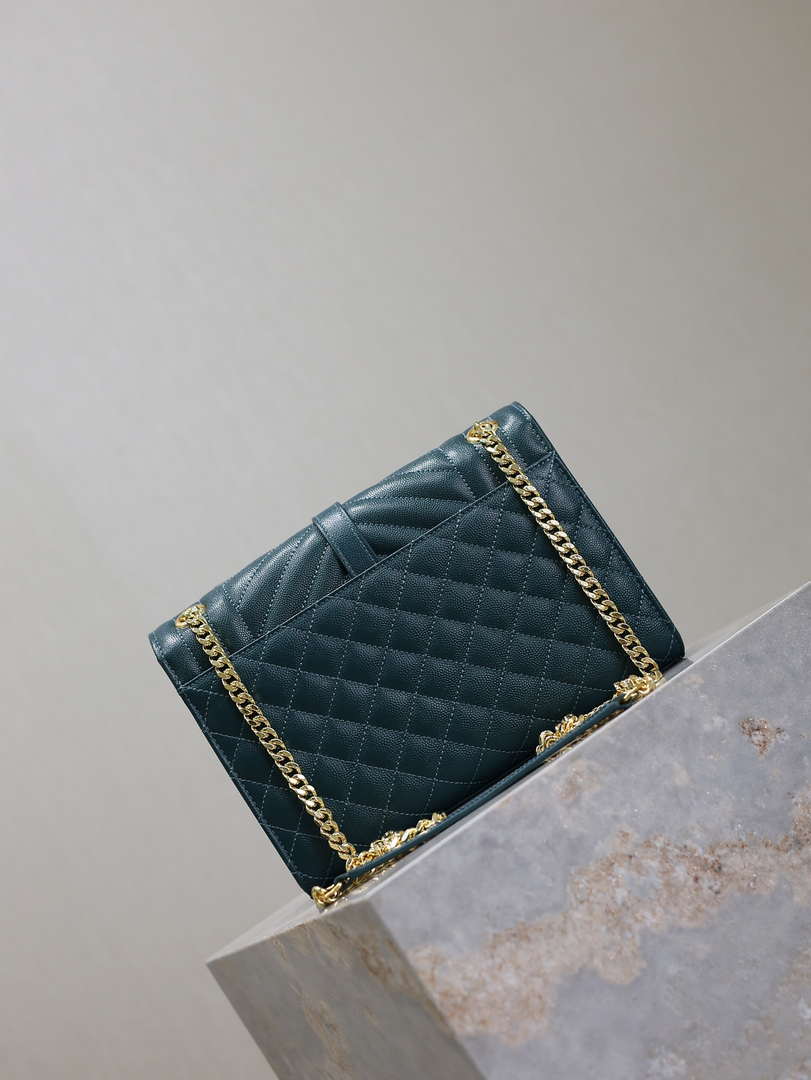 YSL 600185 Envelope Meduim In Quilted Grain De Poudre Embossed Leather Turquoise