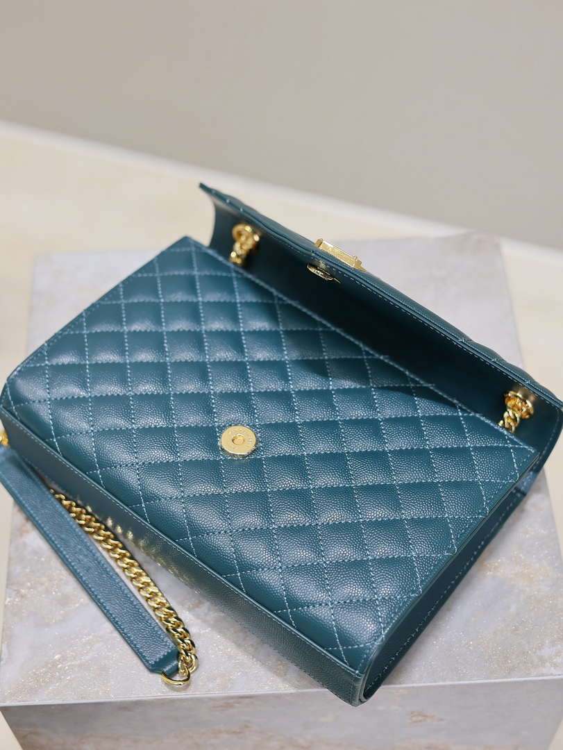 YSL 600185 Envelope Meduim In Quilted Grain De Poudre Embossed Leather Turquoise