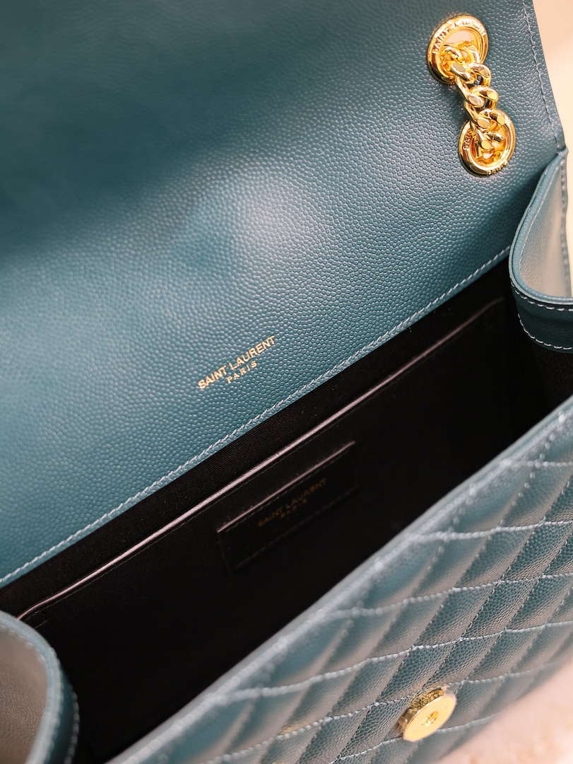 YSL 600185 Envelope Meduim In Quilted Grain De Poudre Embossed Leather Turquoise