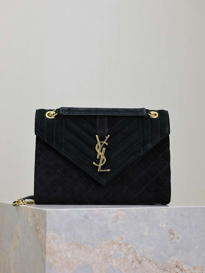 YSL 600185 Envelope Meduim In Black Suede Leather
