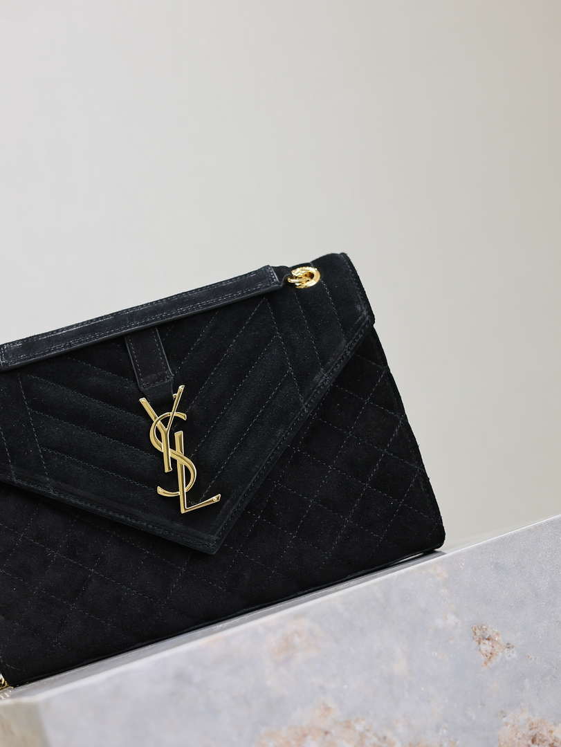 YSL 600185 Envelope Meduim In Black Suede Leather