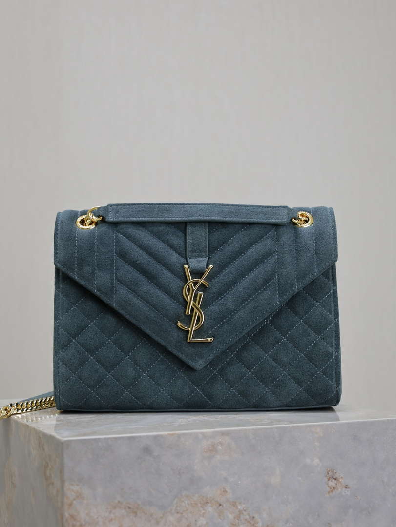 YSL 600185 Envelope Meduim In Light Blue Suede Leather