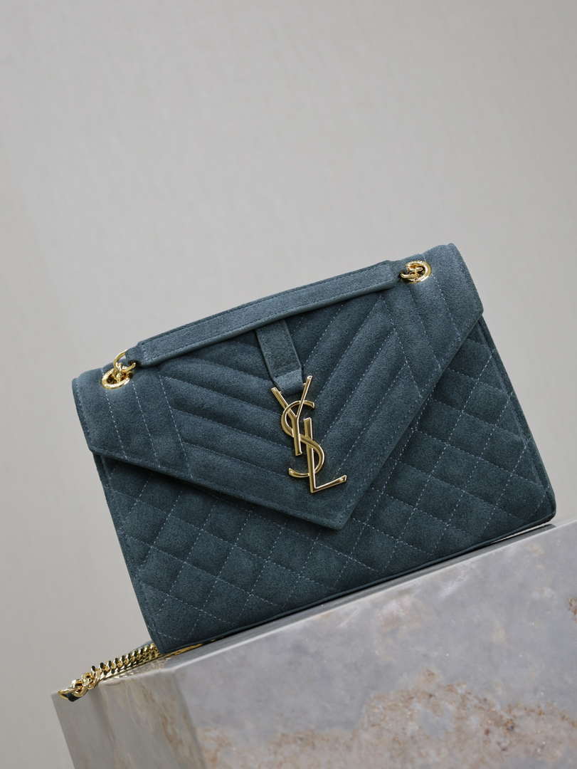 YSL 600185 Envelope Meduim In Light Blue Suede Leather