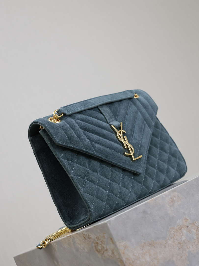 YSL 600185 Envelope Meduim In Light Blue Suede Leather