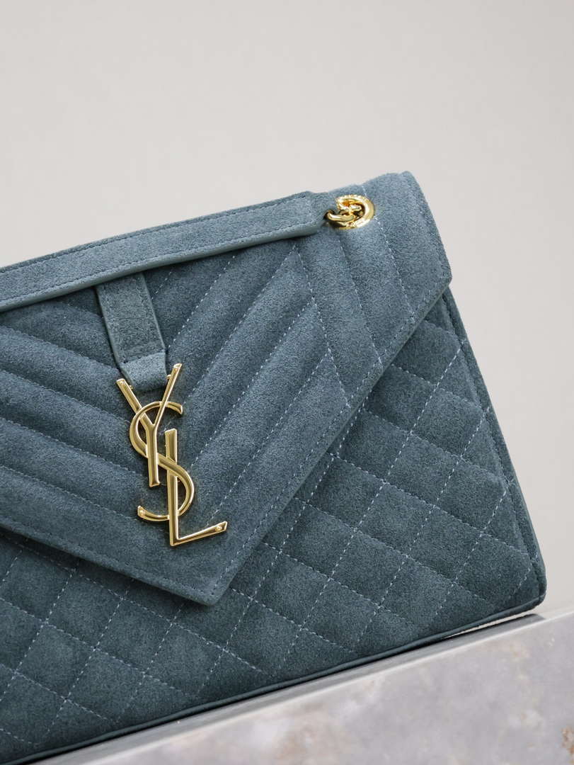 YSL 600185 Envelope Meduim In Light Blue Suede Leather