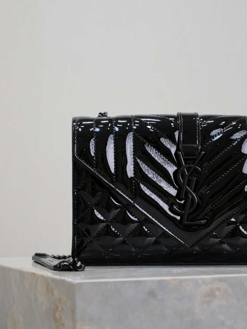 YSL 600195 Envelope Small In Quilted Black Patent leather with black buckle