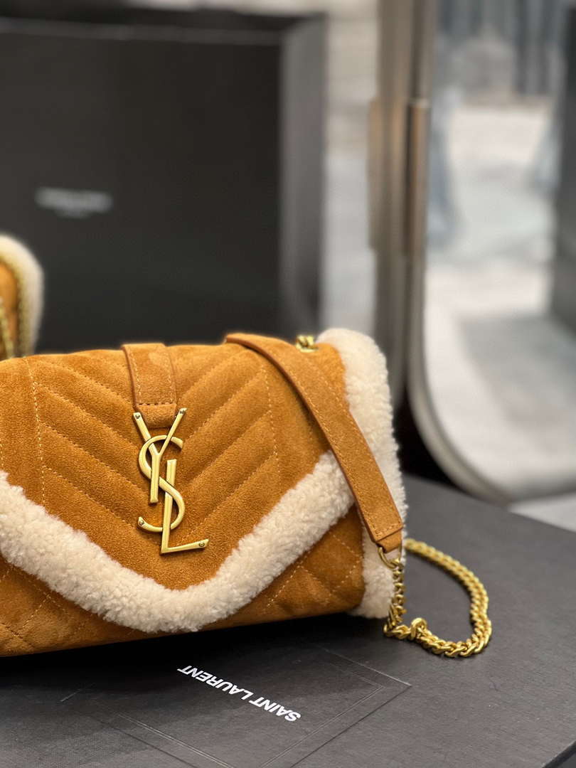 YSL 600195 Envelope Small In Quilted Brown Lambswool suede