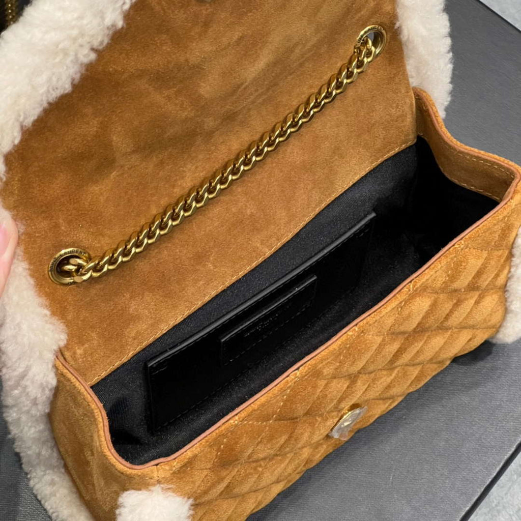 YSL 600195 Envelope Small In Quilted Brown Lambswool suede