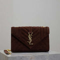 YSL 600195 Envelope Small In Quilted Dark Brown Suede Leather - Default Title - View 1