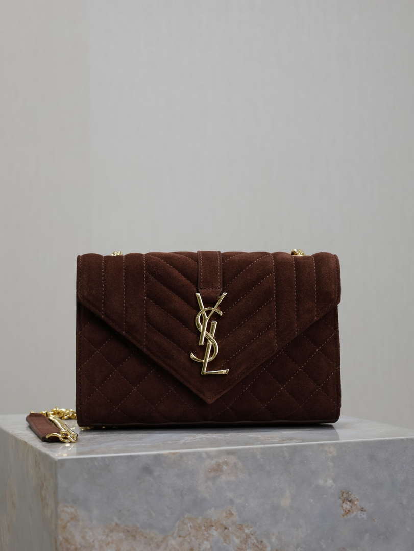 YSL 600195 Envelope Small In Quilted Dark Brown Suede Leather