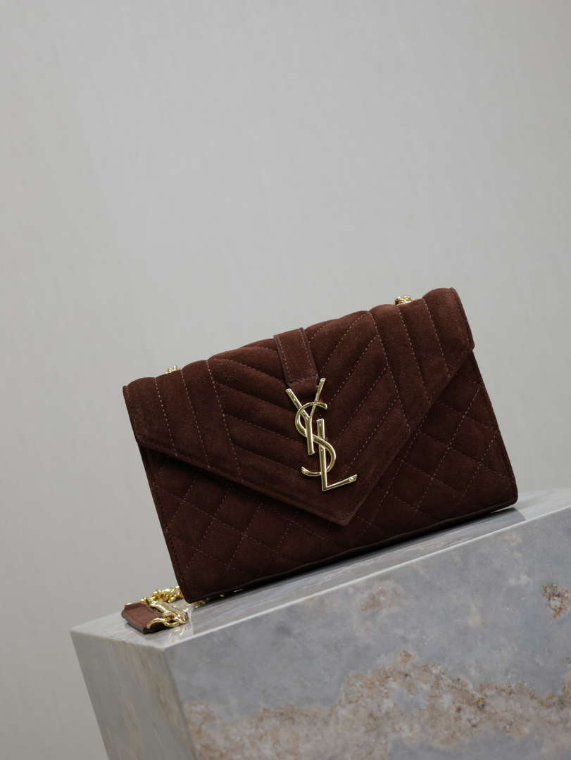 YSL 600195 Envelope Small In Quilted Dark Brown Suede Leather