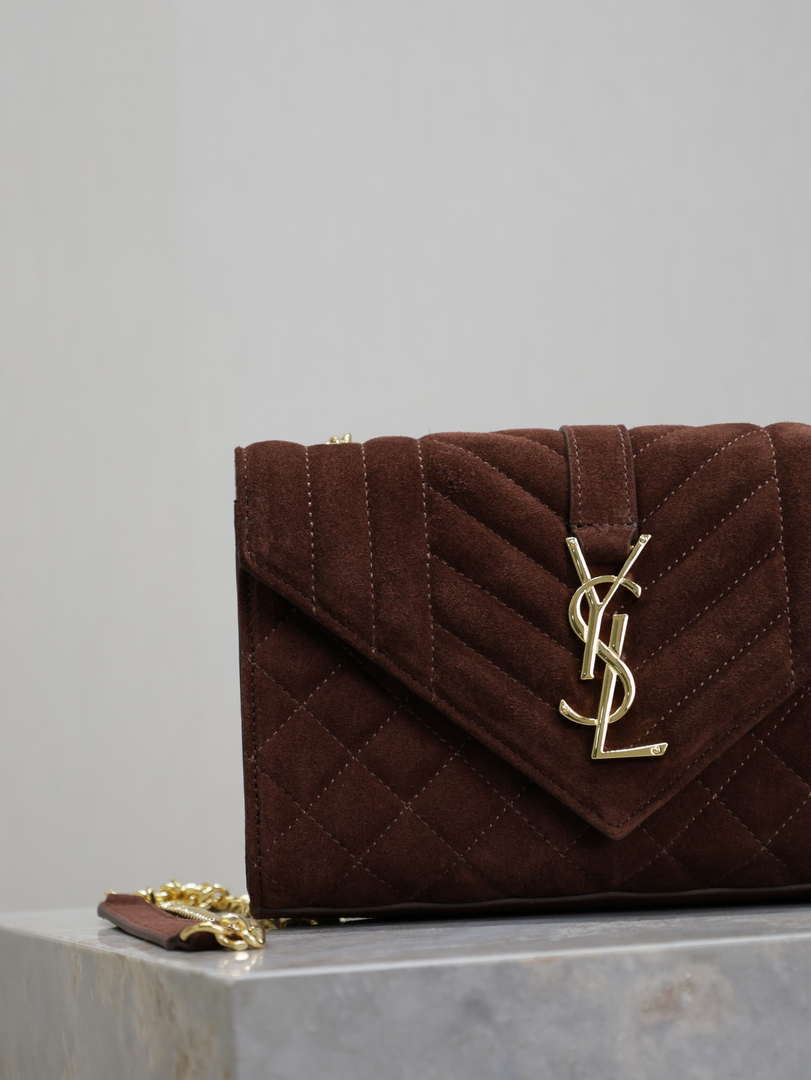 YSL 600195 Envelope Small In Quilted Dark Brown Suede Leather
