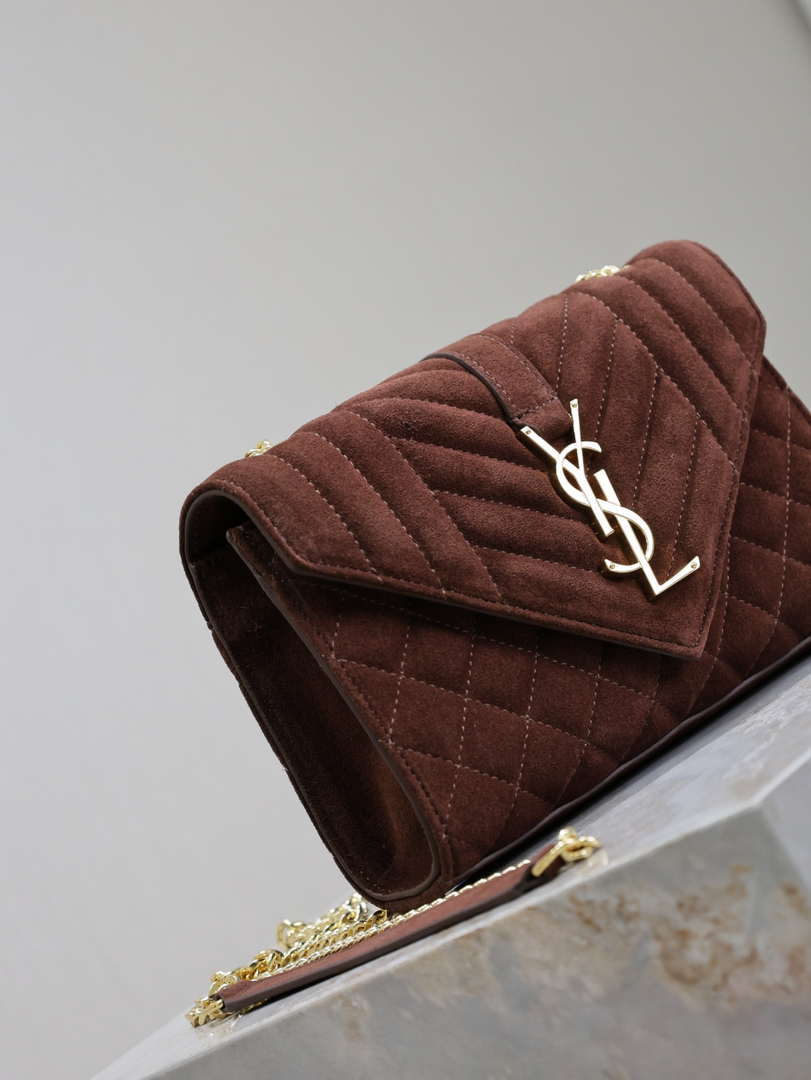 YSL 600195 Envelope Small In Quilted Dark Brown Suede Leather - Default Title - View 5