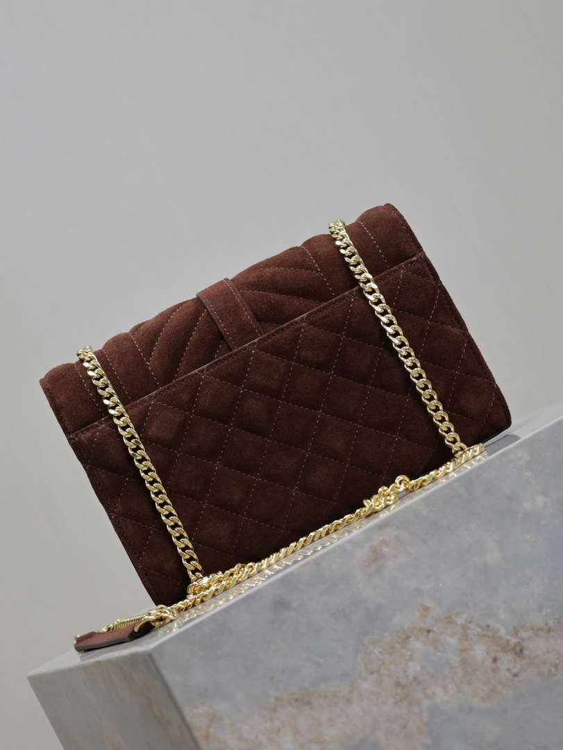 YSL 600195 Envelope Small In Quilted Dark Brown Suede Leather
