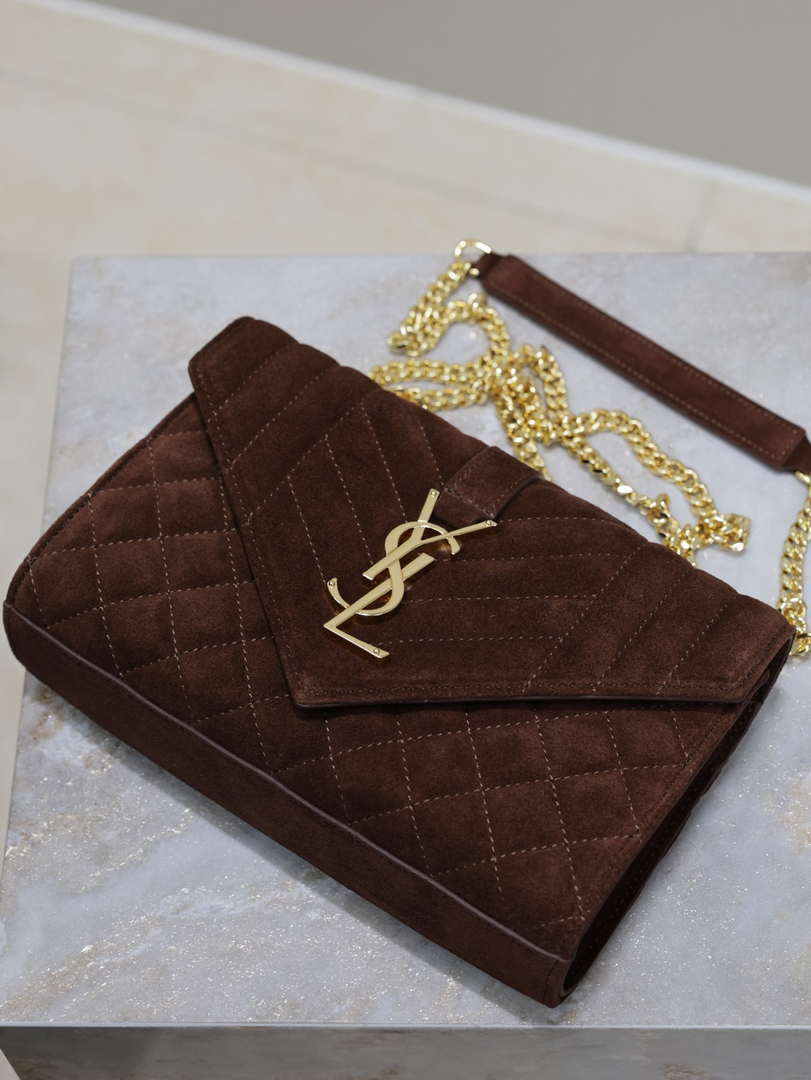 YSL 600195 Envelope Small In Quilted Dark Brown Suede Leather