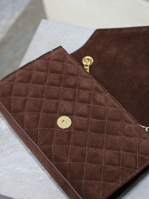 YSL 600195 Envelope Small In Quilted Dark Brown Suede Leather - Default Title - View 8