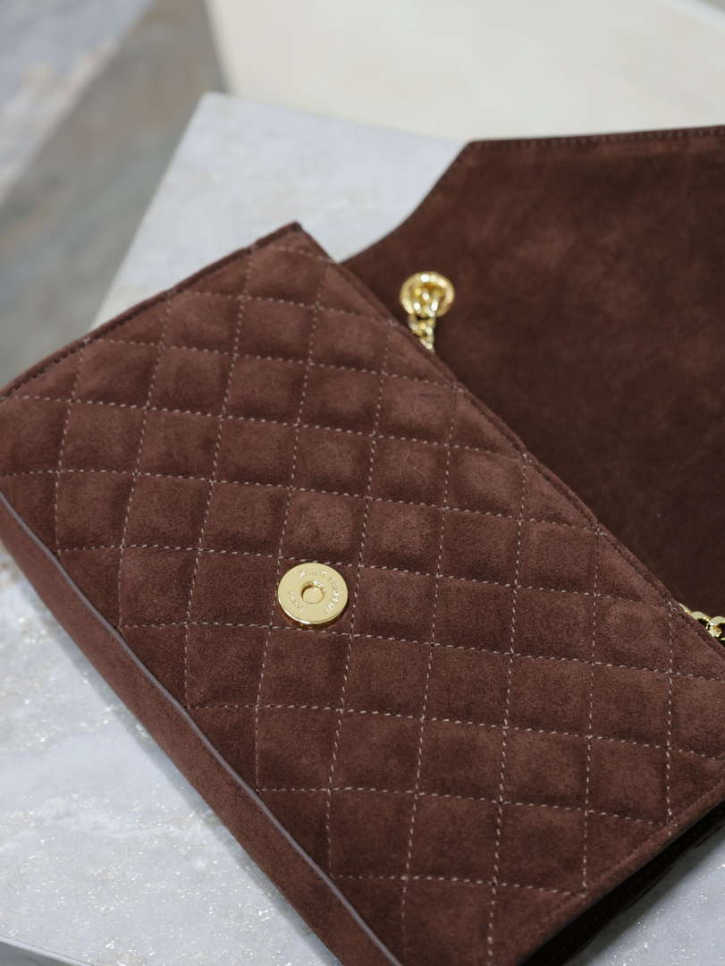 YSL 600195 Envelope Small In Quilted Dark Brown Suede Leather