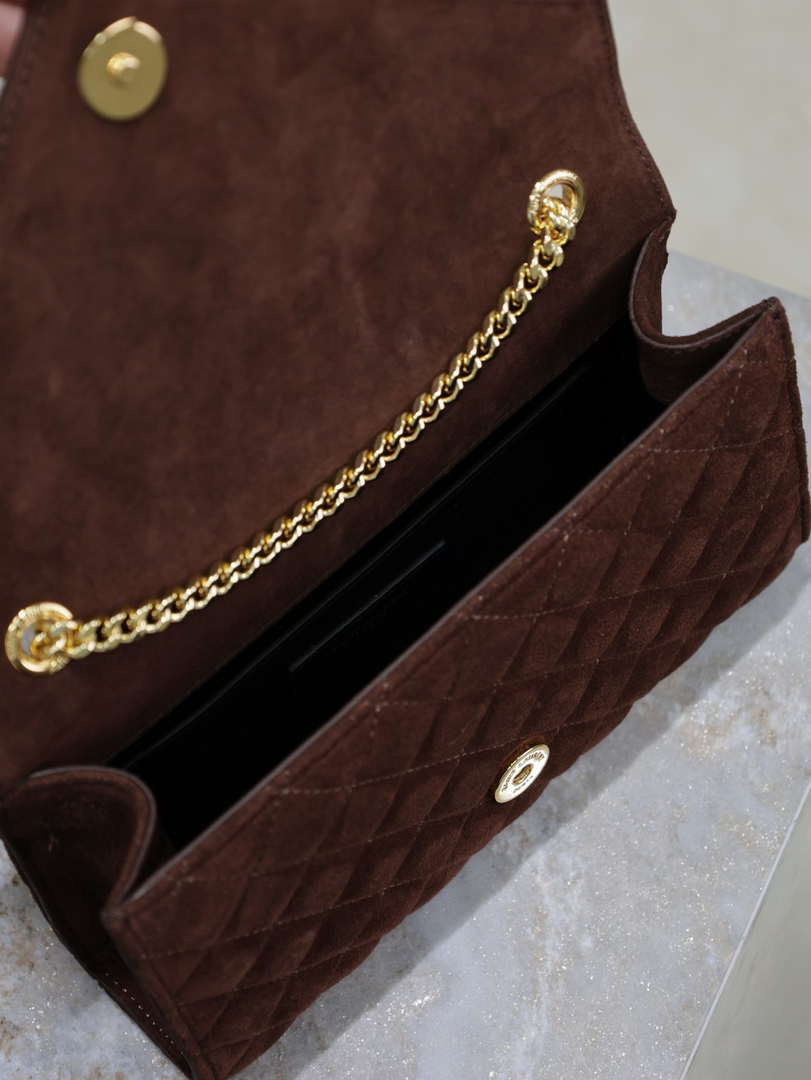 YSL 600195 Envelope Small In Quilted Dark Brown Suede Leather
