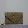 YSL 600195 Envelope Small In Quilted Dark Green Suede Leather - Default Title - View 1