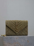YSL 600195 Envelope Small In Quilted Dark Green Suede Leather