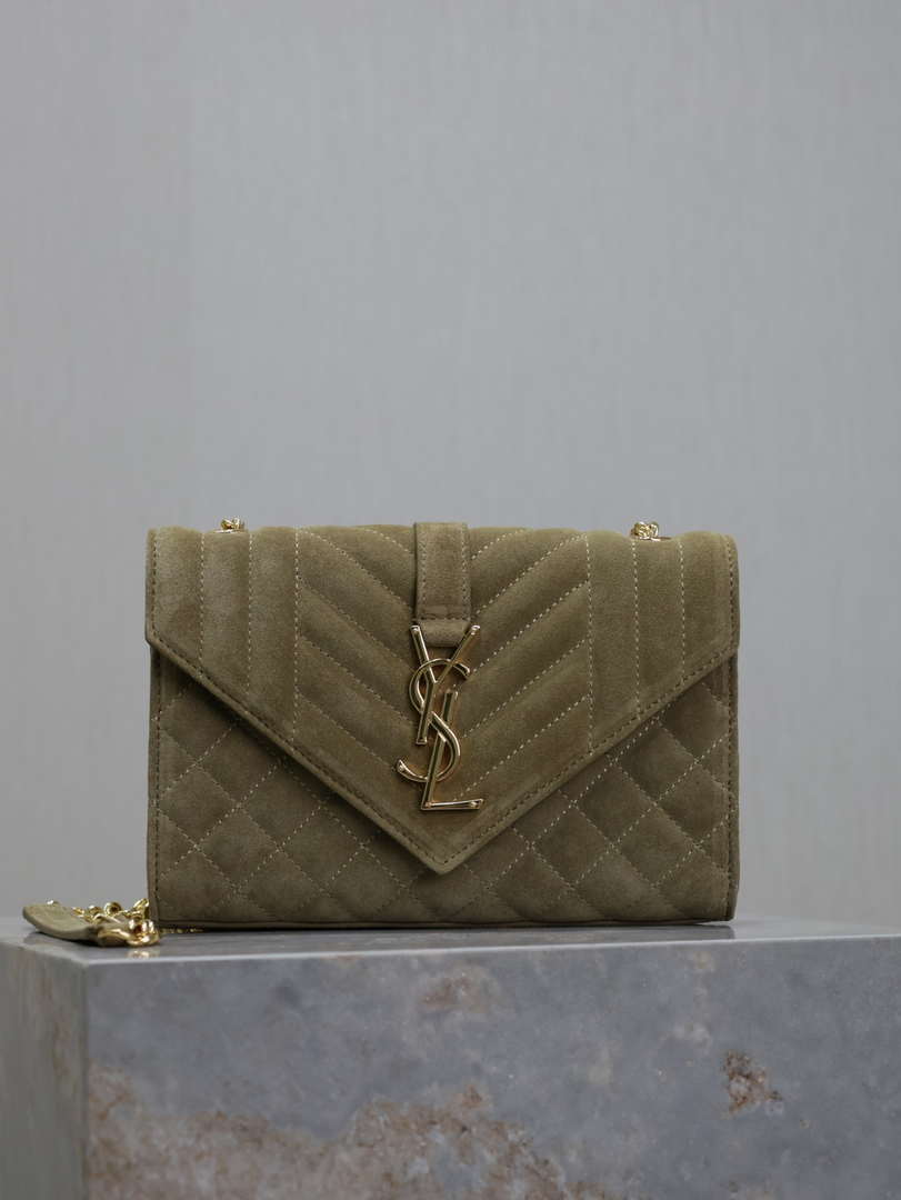 YSL 600195 Envelope Small In Quilted Dark Green Suede Leather