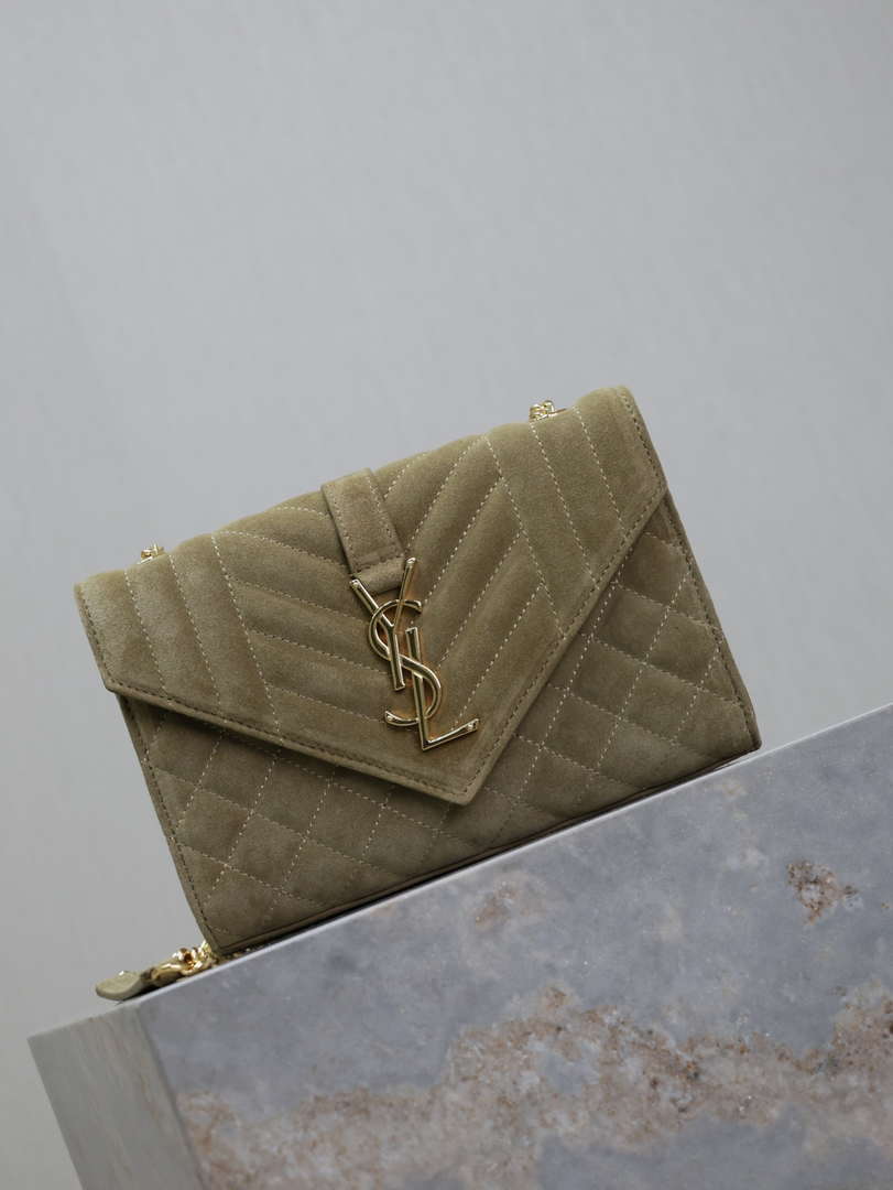 YSL 600195 Envelope Small In Quilted Dark Green Suede Leather