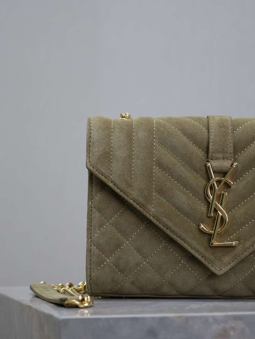 YSL 600195 Envelope Small In Quilted Dark Green Suede Leather