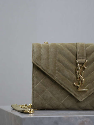 YSL 600195 Envelope Small In Quilted Dark Green Suede Leather - Default Title - View 3