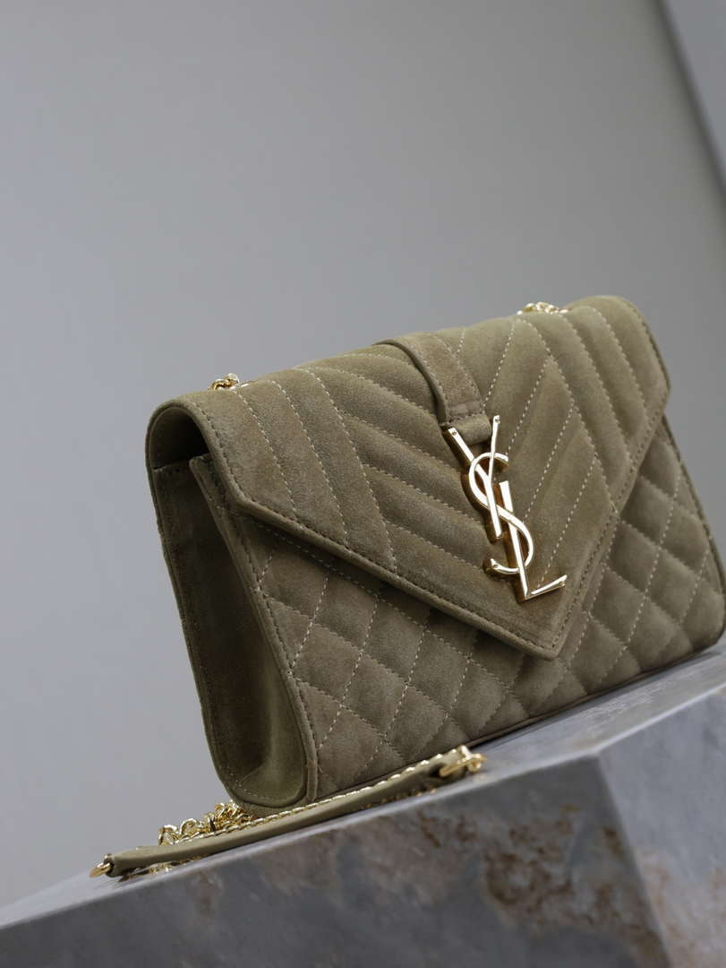 YSL 600195 Envelope Small In Quilted Dark Green Suede Leather