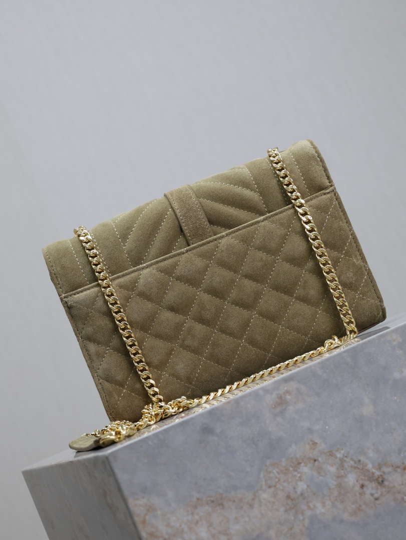 YSL 600195 Envelope Small In Quilted Dark Green Suede Leather
