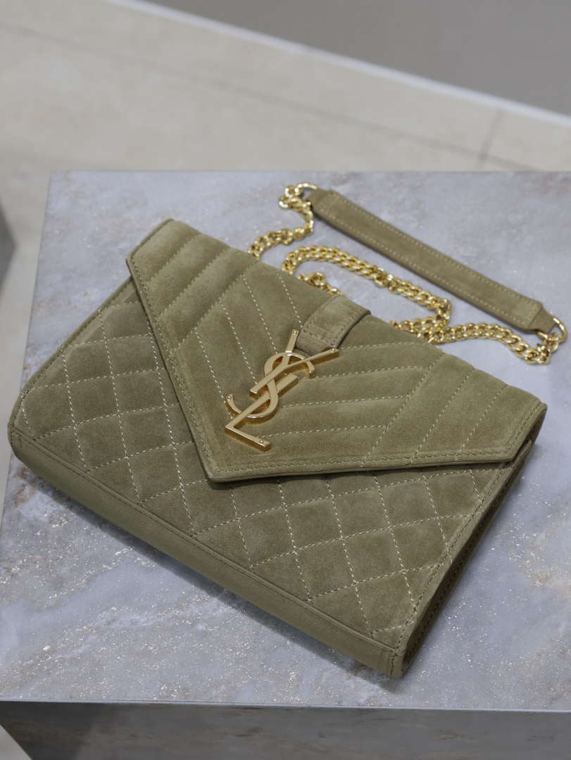 YSL 600195 Envelope Small In Quilted Dark Green Suede Leather