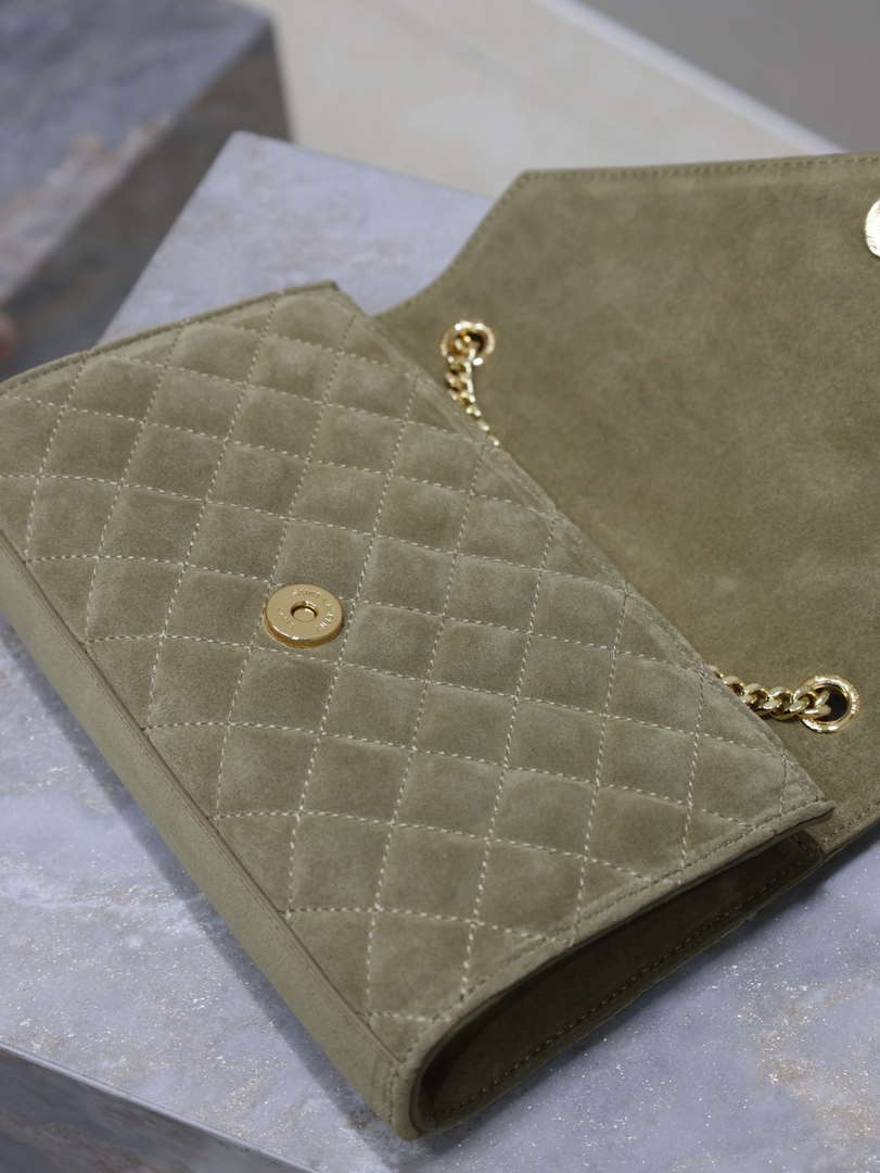 YSL 600195 Envelope Small In Quilted Dark Green Suede Leather