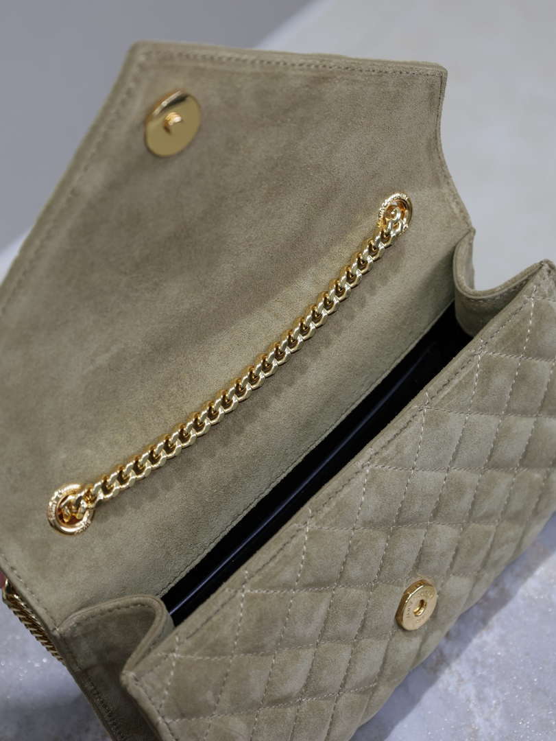 YSL 600195 Envelope Small In Quilted Dark Green Suede Leather