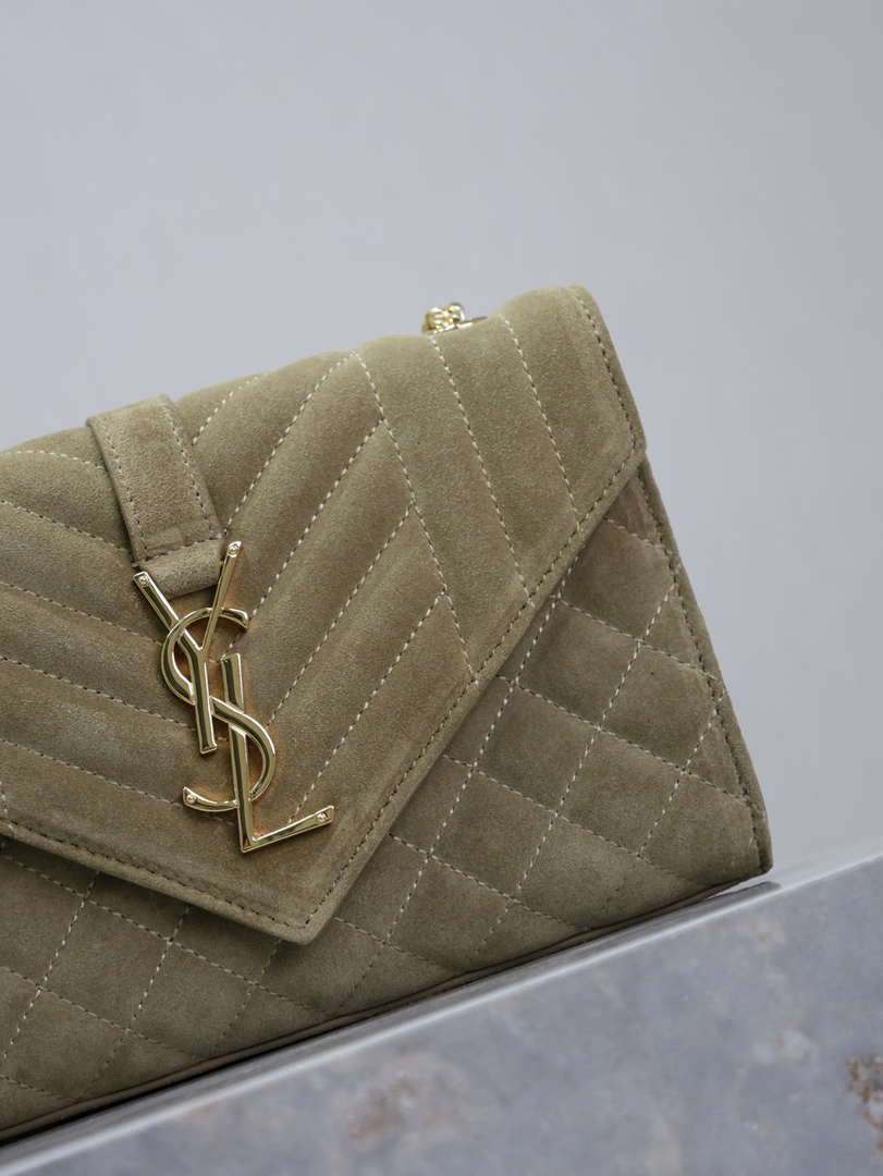 YSL 600195 Envelope Small In Quilted Dark Green Suede Leather - Default Title - View 9