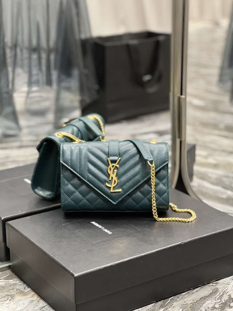 YSL 600195 Envelope Small In Quilted Grain De Poudre Embossed Leather Turquoise