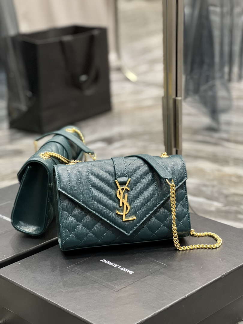 YSL 600195 Envelope Small In Quilted Grain De Poudre Embossed Leather Turquoise