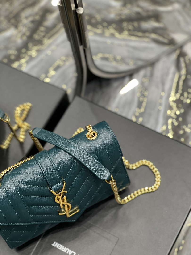 YSL 600195 Envelope Small In Quilted Grain De Poudre Embossed Leather Turquoise