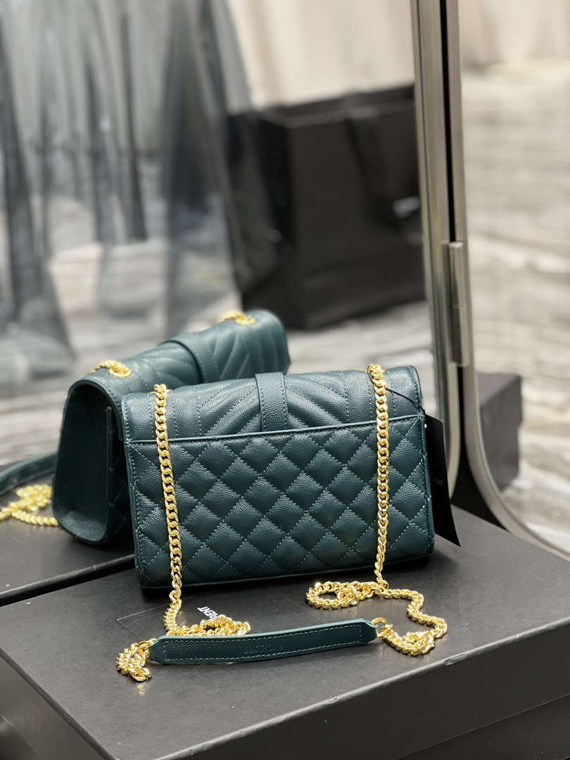 YSL 600195 Envelope Small In Quilted Grain De Poudre Embossed Leather Turquoise