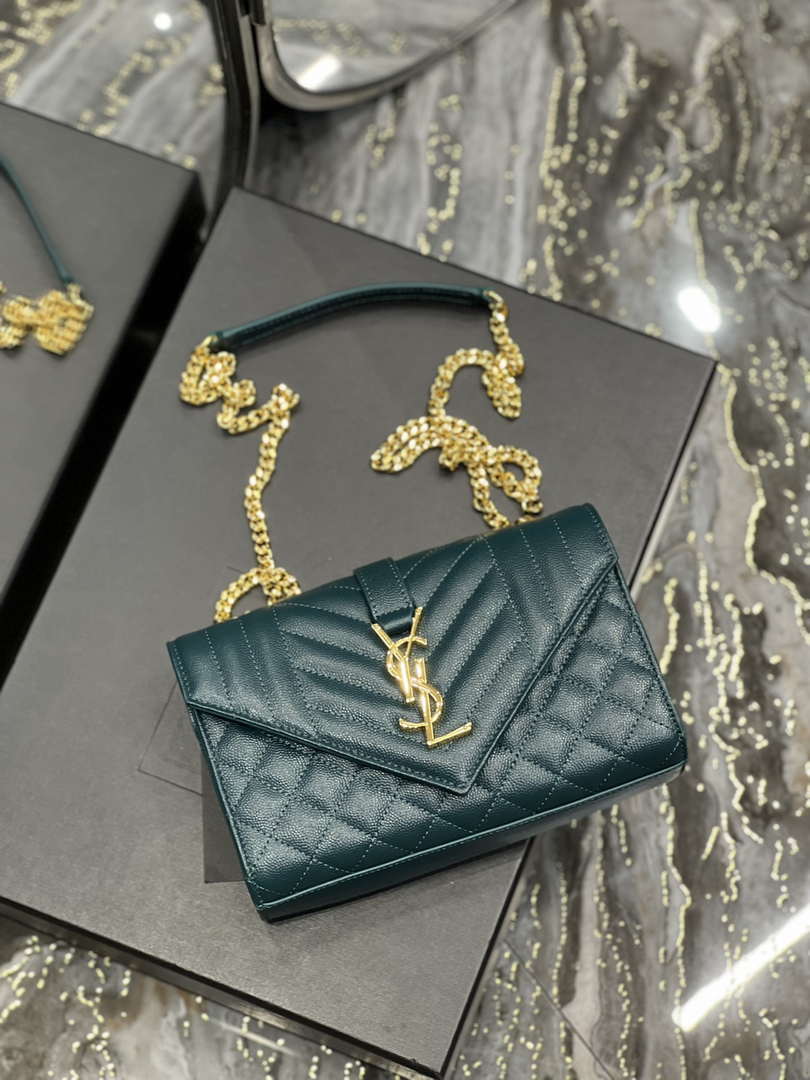 YSL 600195 Envelope Small In Quilted Grain De Poudre Embossed Leather Turquoise