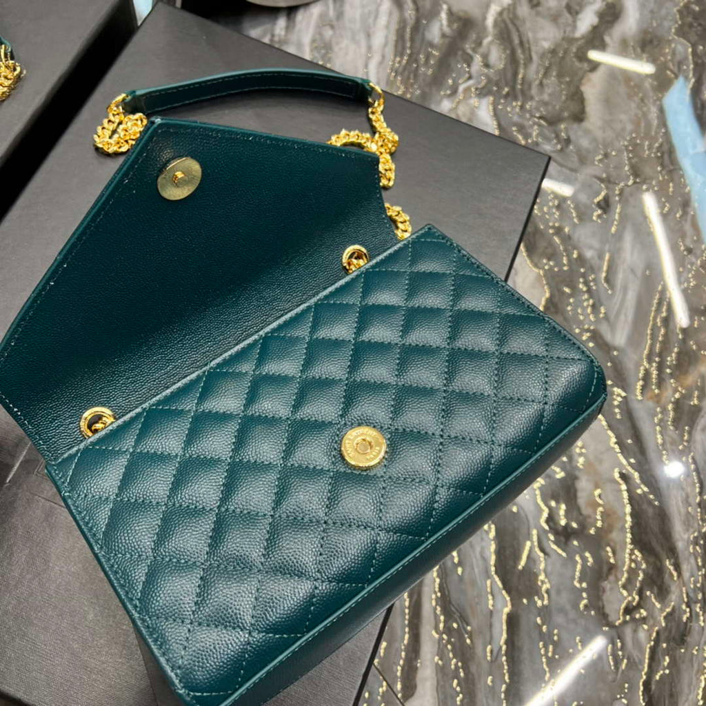YSL 600195 Envelope Small In Quilted Grain De Poudre Embossed Leather Turquoise