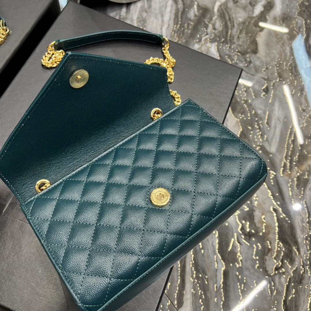 YSL 600195 Envelope Small In Quilted Grain De Poudre Embossed Leather Turquoise