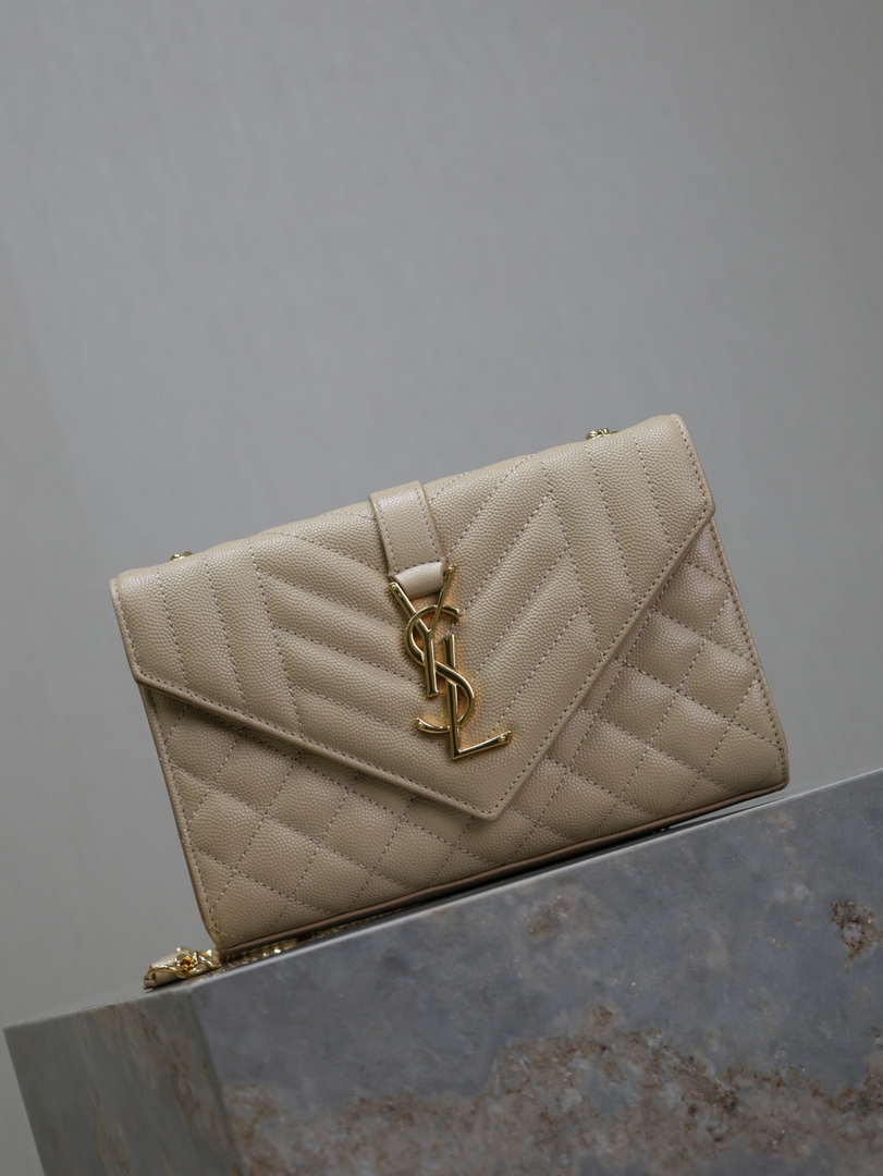 YSL 600195 Envelope Small In Quilted Grain De Poudre Embossed Leather Apricot