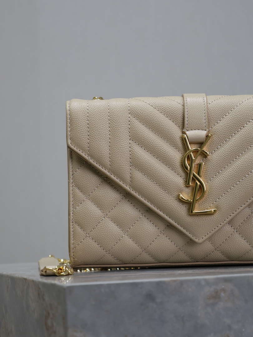 YSL 600195 Envelope Small In Quilted Grain De Poudre Embossed Leather Apricot