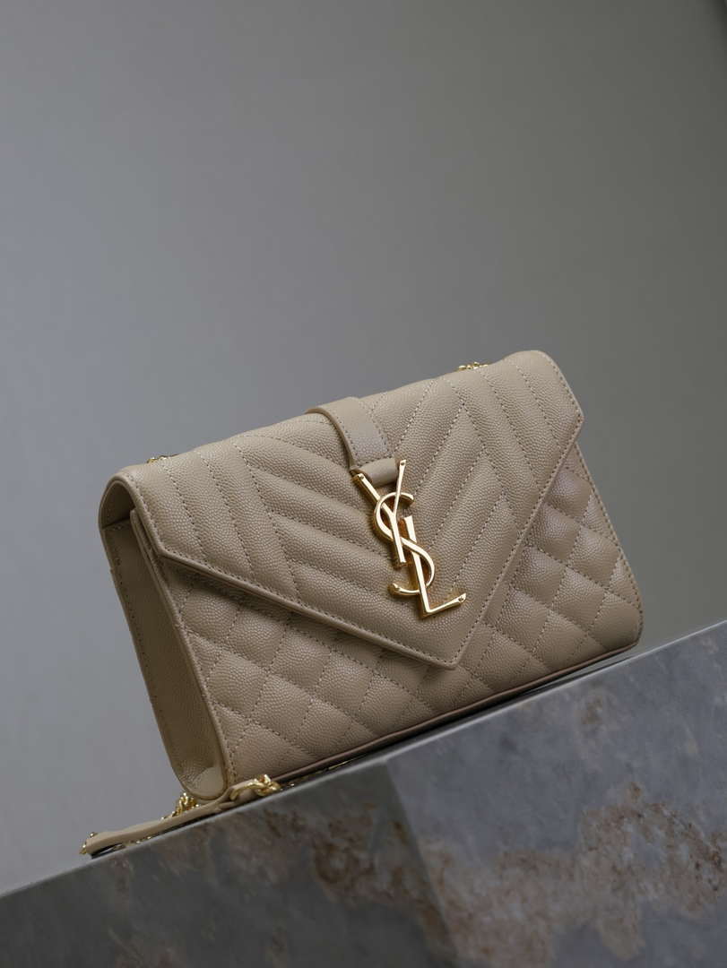 YSL 600195 Envelope Small In Quilted Grain De Poudre Embossed Leather Apricot